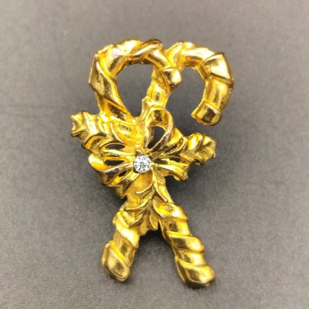 Vintage Gold Tone Candy Cane Bow Brooch Pin Clear Rhinestone Holiday Christmas